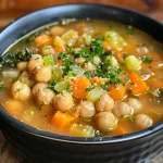 ['Close-up view of a bowl of chickpea soup with visible vegetables and herbs.', 'Side view of a steaming bowl of chickpea soup, showcasing its creamy texture.', 'Detailed image of chickpea soup filled with colorful vegetables and spices.', 'Close-up of a hearty chickpea soup garnished with Parmesan and kale.']