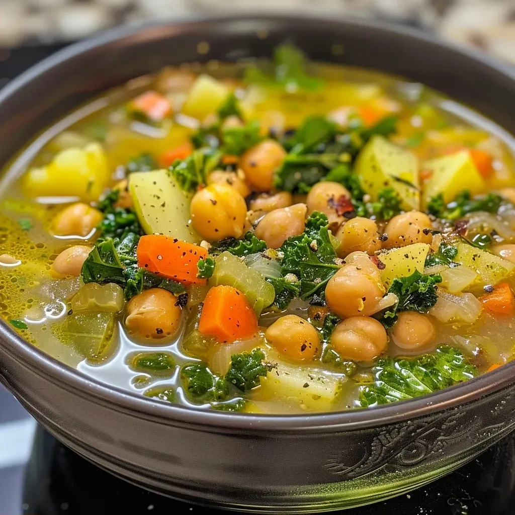 ['Close-up view of a bowl of chickpea soup with visible vegetables and herbs.', 'Side view of a steaming bowl of chickpea soup, showcasing its creamy texture.', 'Detailed image of chickpea soup filled with colorful vegetables and spices.', 'Close-up of a hearty chickpea soup garnished with Parmesan and kale.']