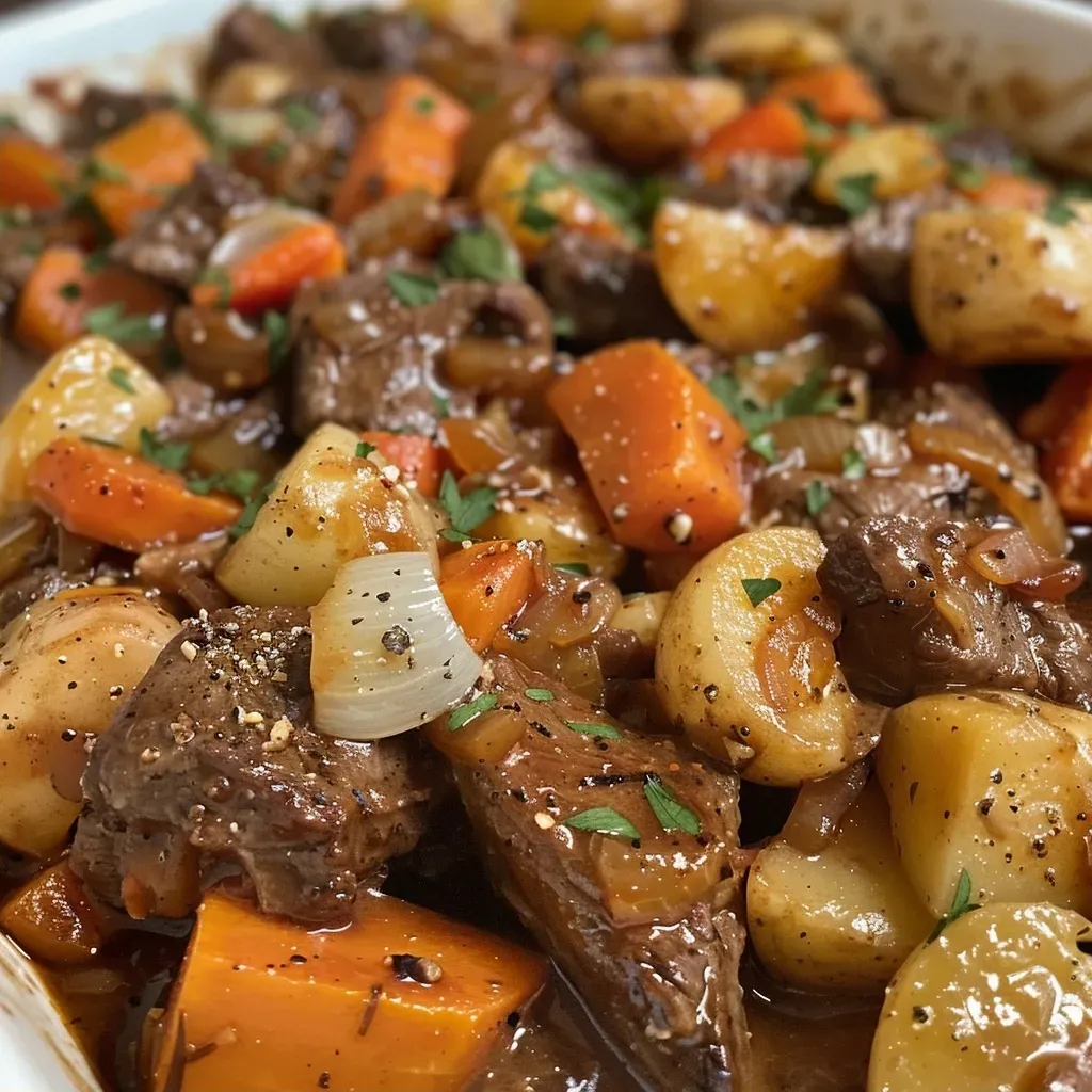 Close-up view of a hearty chunky beef casserole with visible vegetables and spices.