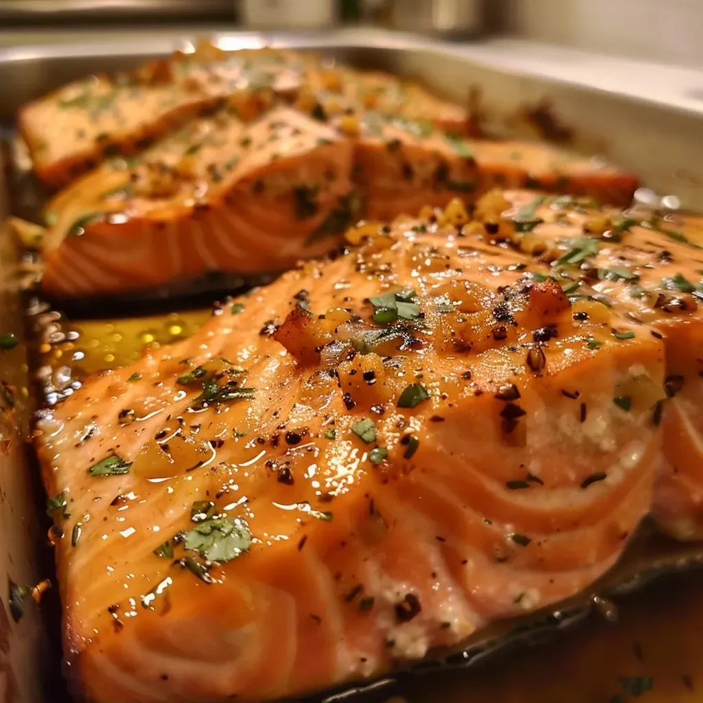 Juicy baked salmon fillets with a golden glaze and herbs visible.