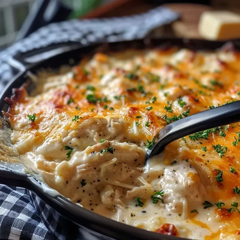 ['Close-up side view of a creamy cheddar chicken bake topped with parsley.', 'Juicy cheddar chicken bake displayed in a baking dish, with melted cheese visible.', 'Creamy chicken bake with a golden cheese crust, garnished with parsley.', 'Side view of baked chicken dish, showcasing layers of cheddar cheese and cream.']