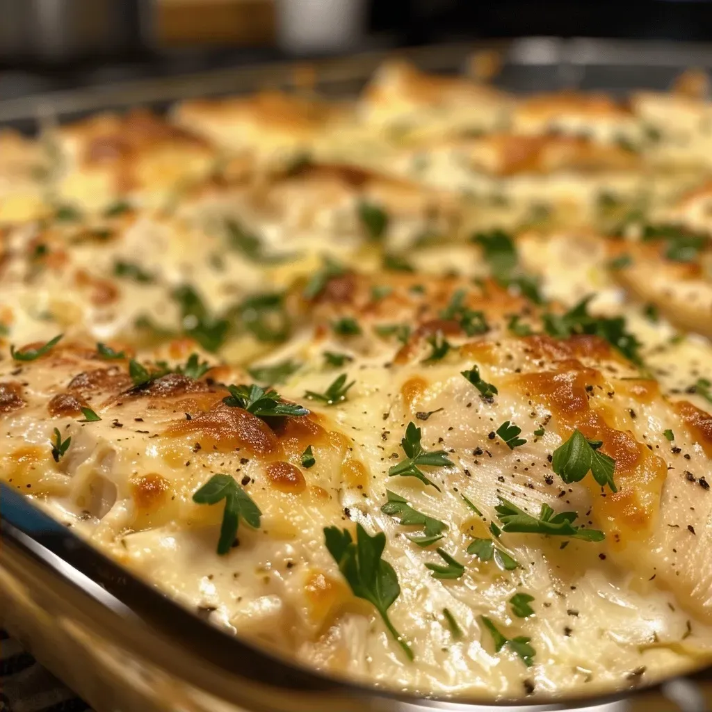 ['Close-up side view of a creamy cheddar chicken bake topped with parsley.', 'Juicy cheddar chicken bake displayed in a baking dish, with melted cheese visible.', 'Creamy chicken bake with a golden cheese crust, garnished with parsley.', 'Side view of baked chicken dish, showcasing layers of cheddar cheese and cream.']