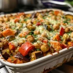 ['Close-up of a creamy chickpea bake with vibrant vegetables.', 'Side view showing a delicious, creamy chickpea bake loaded with veggies.', 'Juicy chickpea bake with a golden cheese topping and colorful diced vegetables.', 'Detailed view of a baked dish showcasing chickpeas and mixed vegetables in a creamy sauce.']
