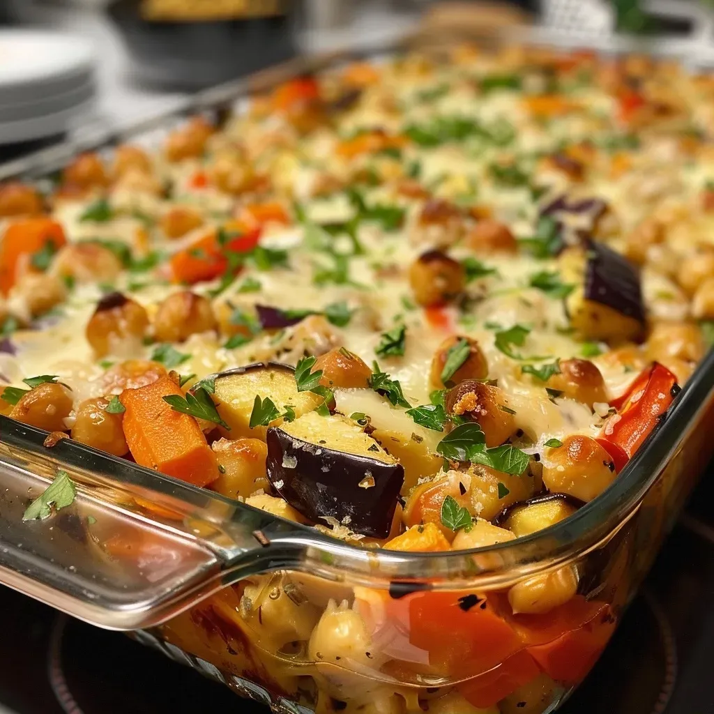 ['Close-up of a creamy chickpea bake with vibrant vegetables.', 'Side view showing a delicious, creamy chickpea bake loaded with veggies.', 'Juicy chickpea bake with a golden cheese topping and colorful diced vegetables.', 'Detailed view of a baked dish showcasing chickpeas and mixed vegetables in a creamy sauce.']