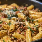 ['Close-up of creamy pasta with ground beef and vegetables.', 'Side view of a delicious one-pot pasta dish with cheese and spinach.', 'Juicy ground beef pasta in a creamy sauce, garnished with herbs.', 'Bowl of Tuscan-style pasta with sun-dried tomatoes and Parmesan cheese.']