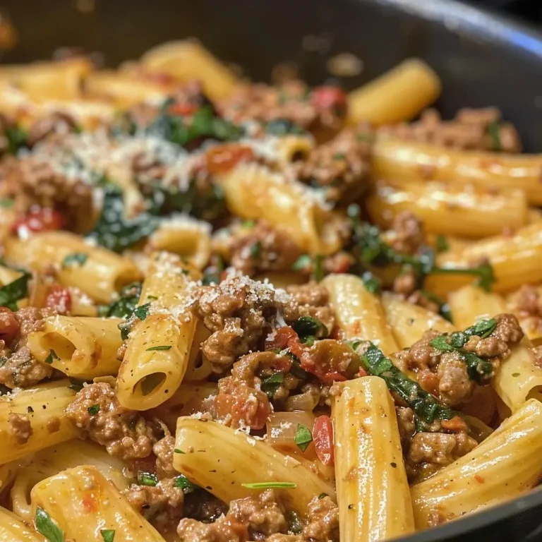 ['Close-up of creamy pasta with ground beef and vegetables.', 'Side view of a delicious one-pot pasta dish with cheese and spinach.', 'Juicy ground beef pasta in a creamy sauce, garnished with herbs.', 'Bowl of Tuscan-style pasta with sun-dried tomatoes and Parmesan cheese.']