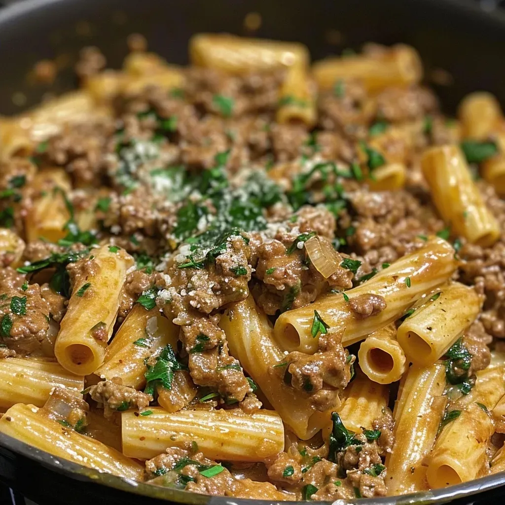 Close-up of creamy pasta with ground beef and vegetables.