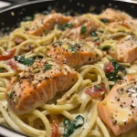 ['Close-up view of creamy salmon pasta with sun-dried tomatoes and spinach.', 'Side view of a bowl filled with creamy salmon pasta, showcasing the ingredients.', 'Juicy salmon pasta dish featuring short pasta and a creamy sauce.', 'Delicious creamy salmon pasta displayed with vibrant colors of spinach and sun-dried tomatoes.']