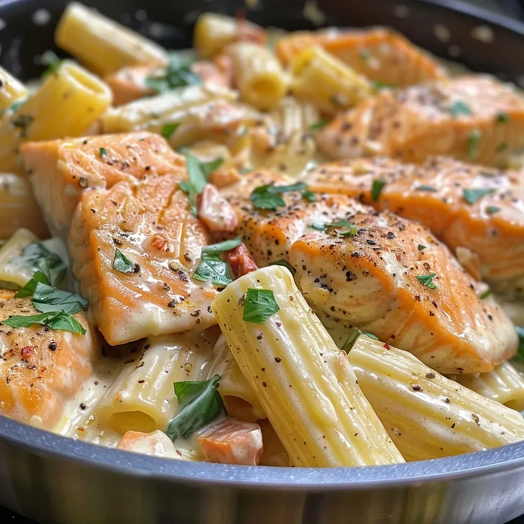 Close-up view of creamy salmon pasta with sun-dried tomatoes and spinach.