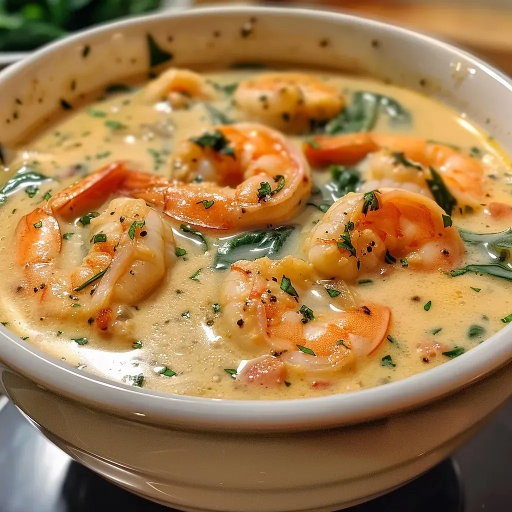 ['A close-up view of creamy shrimp soup garnished with spinach and parmesan.', 'Side view of a bowl filled with creamy shrimp soup, showcasing shrimp and vegetables.', 'Rich and creamy shrimp soup in a bowl, highlighting the texture and ingredients.', 'A delicious serving of shrimp soup, topped with fresh spinach and grated cheese.']