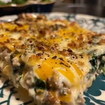 ['A close-up view of a creamy spinach turkey casserole, showcasing a golden-brown top and visible ingredients.', 'A side view of a hearty creamy spinach turkey casserole, highlighting its creamy texture and colorful spinach.', 'A detailed image of creamy spinach turkey casserole, with melted cheese and green spinach visible in the dish.', 'An appetizing side angle of a spinach turkey casserole, featuring creaminess and a blend of cheeses.']