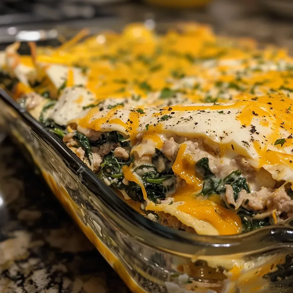 ['A close-up view of a creamy spinach turkey casserole, showcasing a golden-brown top and visible ingredients.', 'A side view of a hearty creamy spinach turkey casserole, highlighting its creamy texture and colorful spinach.', 'A detailed image of creamy spinach turkey casserole, with melted cheese and green spinach visible in the dish.', 'An appetizing side angle of a spinach turkey casserole, featuring creaminess and a blend of cheeses.']