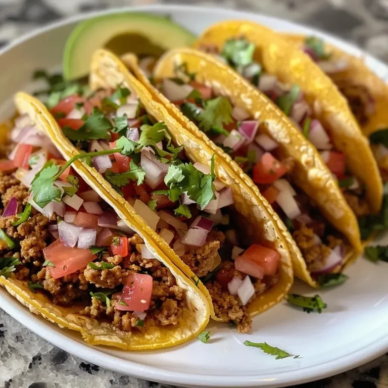 ['Close-up view of crispy baked ground turkey tacos topped with avocado sauce and cilantro.', 'Side shot of juicy ground turkey tacos in crispy shells, garnished with avocado sauce.', 'Delicious baked turkey tacos with melted cheese and avocado sauce displayed on a plate.', 'Appetizing ground turkey tacos filled with cheese and a creamy avocado sauce, ready to eat.']