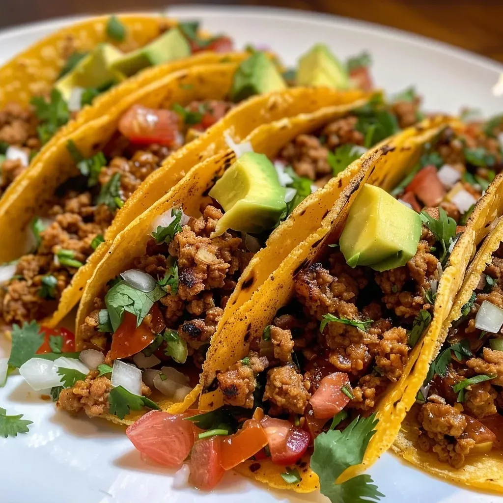 Close-up view of crispy baked ground turkey tacos topped with avocado sauce and cilantro.