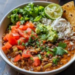 ['A hearty Crockpot Lentils Burrito Bowl with vibrant colors and ingredients clearly visible from a side angle.', 'Close-up view of a delicious Crockpot Lentils Burrito Bowl, showcasing lentils, rice, and toppings in a bowl.', 'A side view of a flavorful Crockpot Lentils Burrito Bowl, packed with lentils, brown rice, and fresh toppings.', 'An appetizing close-up of a hearty burrito bowl featuring lentils, rice, and colorful toppings.']