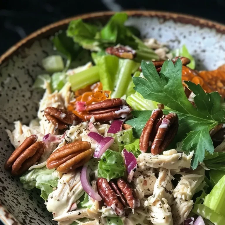 ['Close-up view of a vibrant Crunchy Chicken Salad with colorful ingredients.', 'Side view of a richly textured chicken salad featuring walnuts, celery, and herbs.', 'Juicy Crunchy Chicken Salad with poached chicken, nuts, and a creamy dressing.', 'Detailed image of a fresh salad bowl showing shredded chicken and crunchy toppings.']