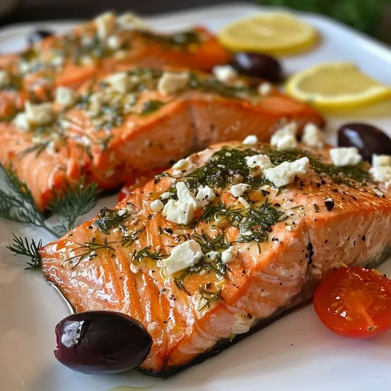 ['Close-up shot of Easy Baked Greek Salmon garnished with lemon and olives.', 'Juicy salmon fillet with cherry tomatoes and herbs, viewed from the side.', 'Side view of baked salmon topped with feta and dill, featuring vibrant colors.', 'Freshly baked Greek-style salmon fillet with lemon slices and garlic.']