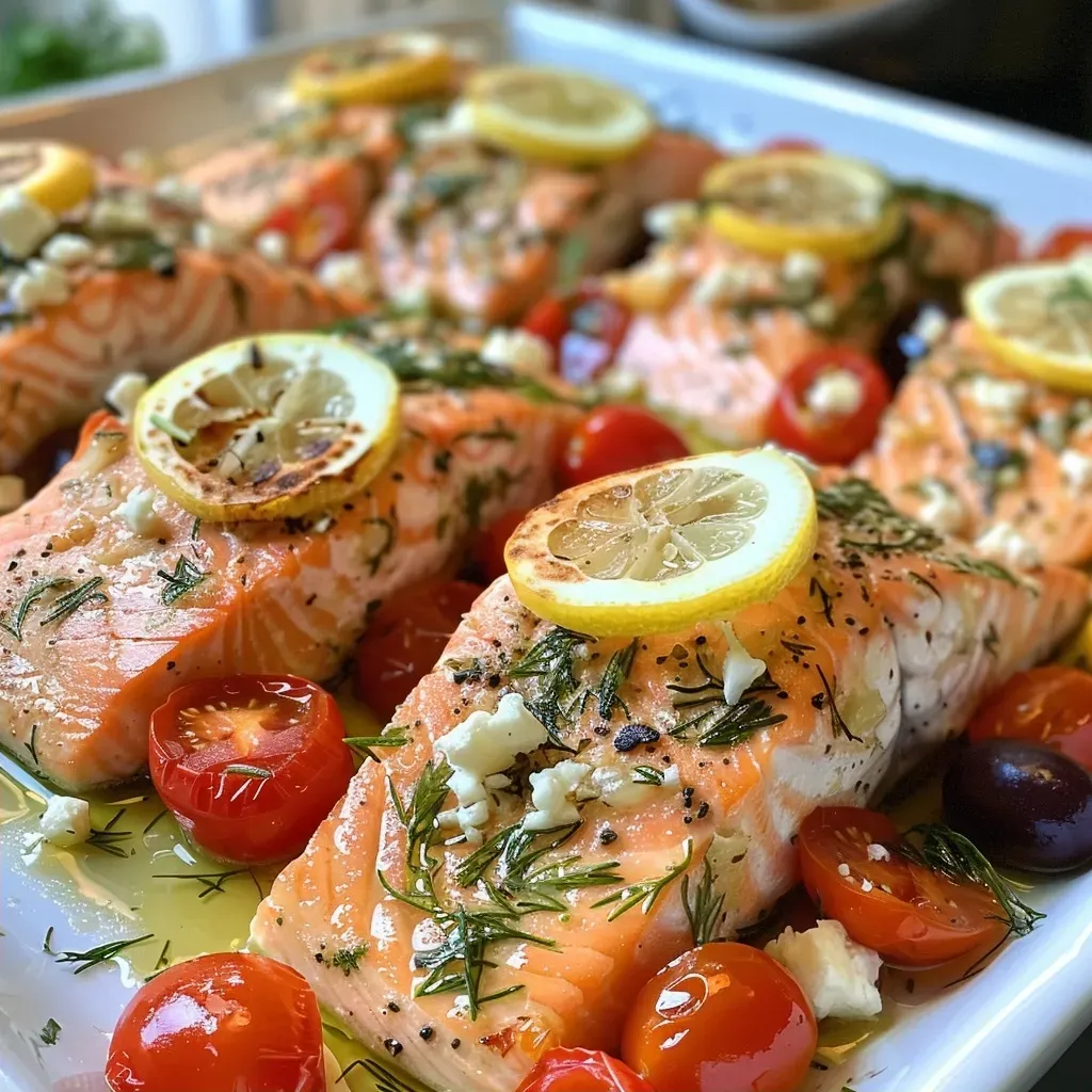 ['Close-up shot of Easy Baked Greek Salmon garnished with lemon and olives.', 'Juicy salmon fillet with cherry tomatoes and herbs, viewed from the side.', 'Side view of baked salmon topped with feta and dill, featuring vibrant colors.', 'Freshly baked Greek-style salmon fillet with lemon slices and garlic.']