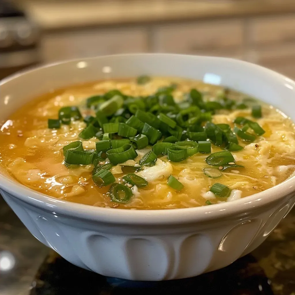 Close-up of a bowl of Easy Egg Drop Soup garnished with chopped green onions.