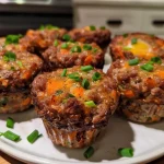 ['Close-up view of juicy ground beef muffins, showcasing their moist texture and ingredient details.', 'Side view of Easy Ground Beef Muffins, highlighting their golden-brown tops and savory ingredients.', 'Juicy ground beef muffins arranged on a plate, emphasizing their colorful vegetable inclusions.', 'Close-up of ground beef muffins, revealing their rich texture and garnished with green onions.']