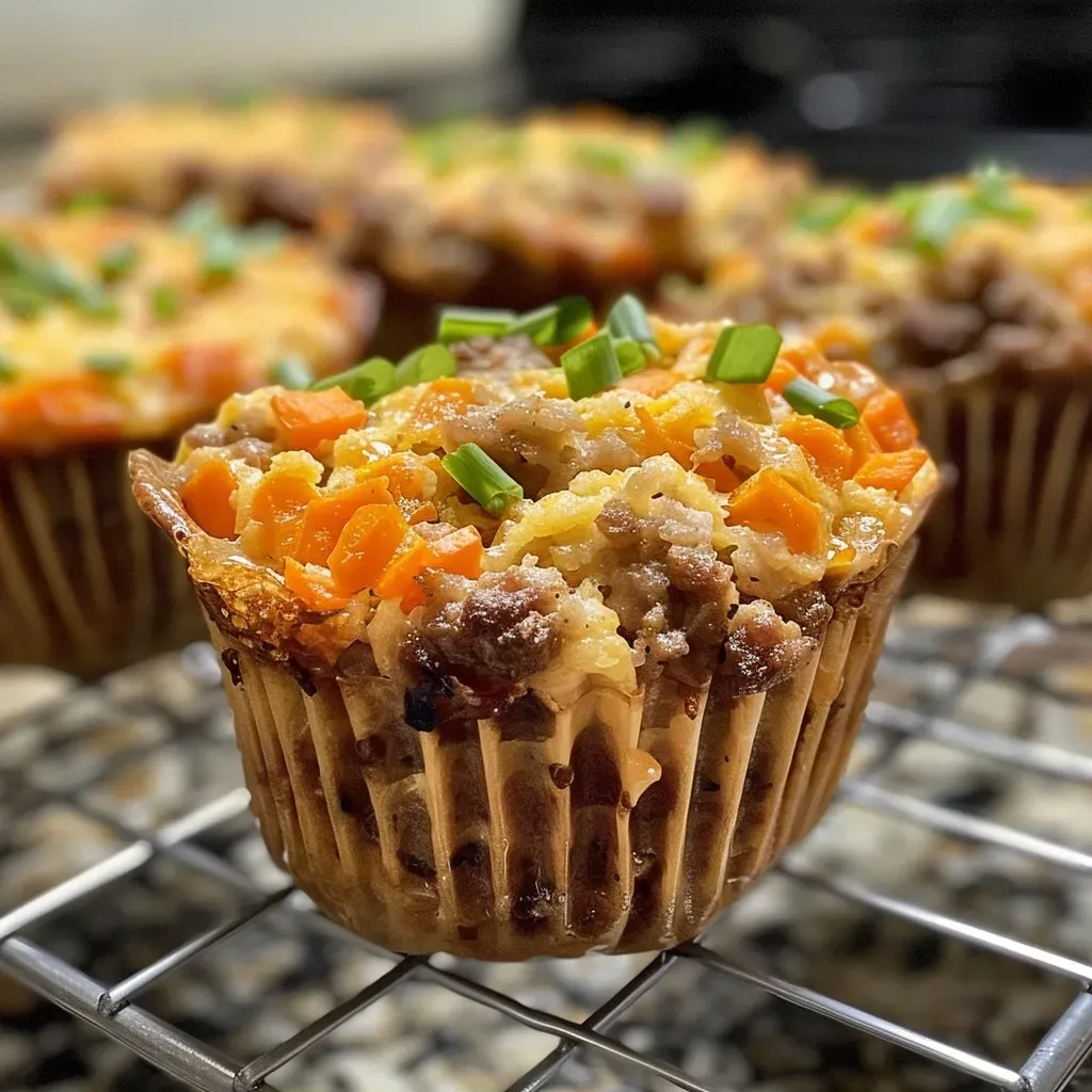 ['Close-up view of juicy ground beef muffins, showcasing their moist texture and ingredient details.', 'Side view of Easy Ground Beef Muffins, highlighting their golden-brown tops and savory ingredients.', 'Juicy ground beef muffins arranged on a plate, emphasizing their colorful vegetable inclusions.', 'Close-up of ground beef muffins, revealing their rich texture and garnished with green onions.']
