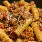 ['Close-up view of a bowl of Easy Ground Turkey Pasta with diced tomatoes and garnished with Parmesan cheese.', 'Side view of a hearty plate of ground turkey pasta, highlighting the savory ingredients and textures.', 'Juicy ground turkey mixed with pasta and tomatoes, captured in a close-up shot showcasing its deliciousness.', 'A vibrant serving of Easy Ground Turkey Pasta featuring ground turkey, diced tomatoes, and herbs in a bowl.']