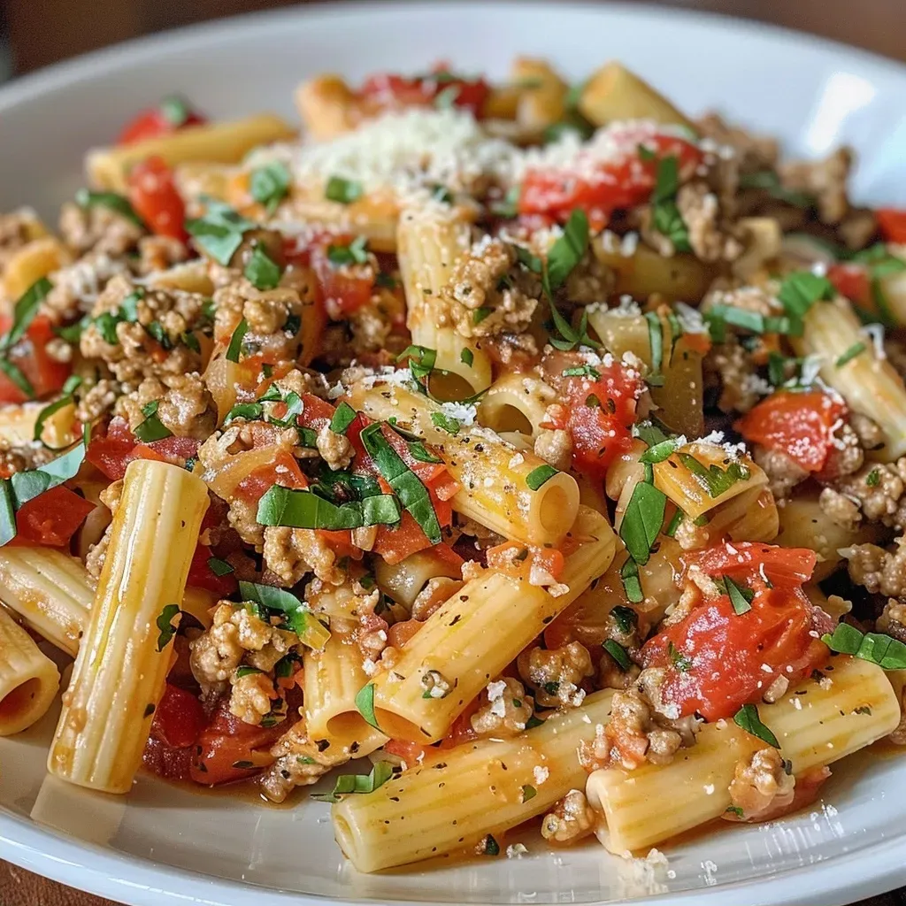 Close-up view of a bowl of Easy Ground Turkey Pasta with diced tomatoes and garnished with Parmesan cheese.