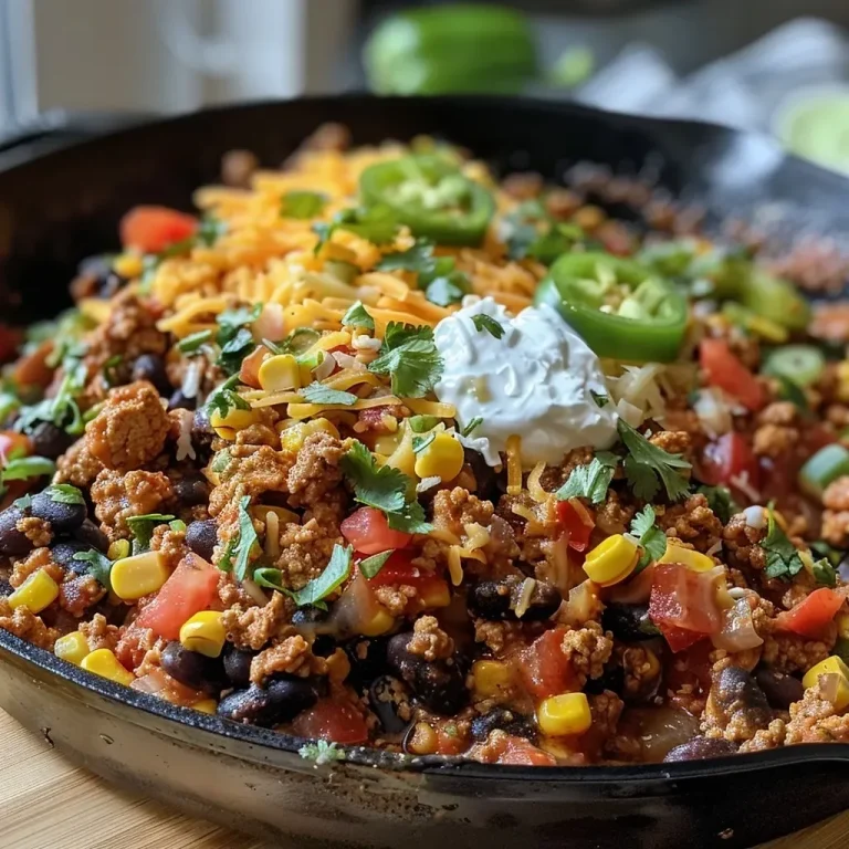 ['Close-up of a skillet filled with ground turkey taco mixture, topped with cheese and jalapenos.', 'A vibrant ground turkey taco skillet showcasing black beans, corn, and fresh cilantro.', 'Side view of a delicious taco skillet with melted cheese, diced tomatoes, and sour cream.', 'Juicy ground turkey taco skillet with colorful ingredients, served in a modern skillet.']