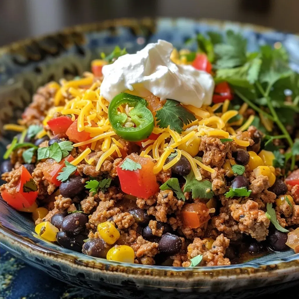 Close-up of a skillet filled with ground turkey taco mixture, topped with cheese and jalapenos.