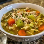 ['Close-up view of a bowl of Easy Rotisserie Chicken Soup with visible vegetables and chicken.', 'Side angle of a hearty rotisserie chicken soup showcasing noodles, carrots, and herbs.', 'Detailed shot of a steaming bowl of chicken soup filled with chopped vegetables and shredded chicken.', 'Close-up image of a delicious chicken soup featuring vibrant colors from fresh ingredients.']