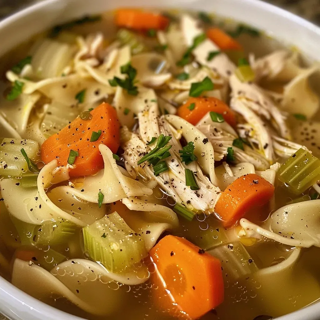 ['Close-up view of a bowl of Easy Rotisserie Chicken Soup with visible vegetables and chicken.', 'Side angle of a hearty rotisserie chicken soup showcasing noodles, carrots, and herbs.', 'Detailed shot of a steaming bowl of chicken soup filled with chopped vegetables and shredded chicken.', 'Close-up image of a delicious chicken soup featuring vibrant colors from fresh ingredients.']