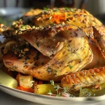 ['Close-up view of a juicy Thanksgiving turkey garnished with herbs and lemon.', 'Side profile of a perfectly roasted turkey with a golden-brown skin on a platter.', 'Appetizing Thanksgiving turkey with herbs and vegetables, showcasing a moist texture.', 'Detailed shot of a succulent turkey, highlighting the crispy skin and fresh ingredients.']