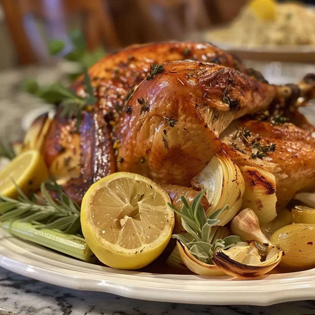 Close-up view of a juicy Thanksgiving turkey garnished with herbs and lemon.