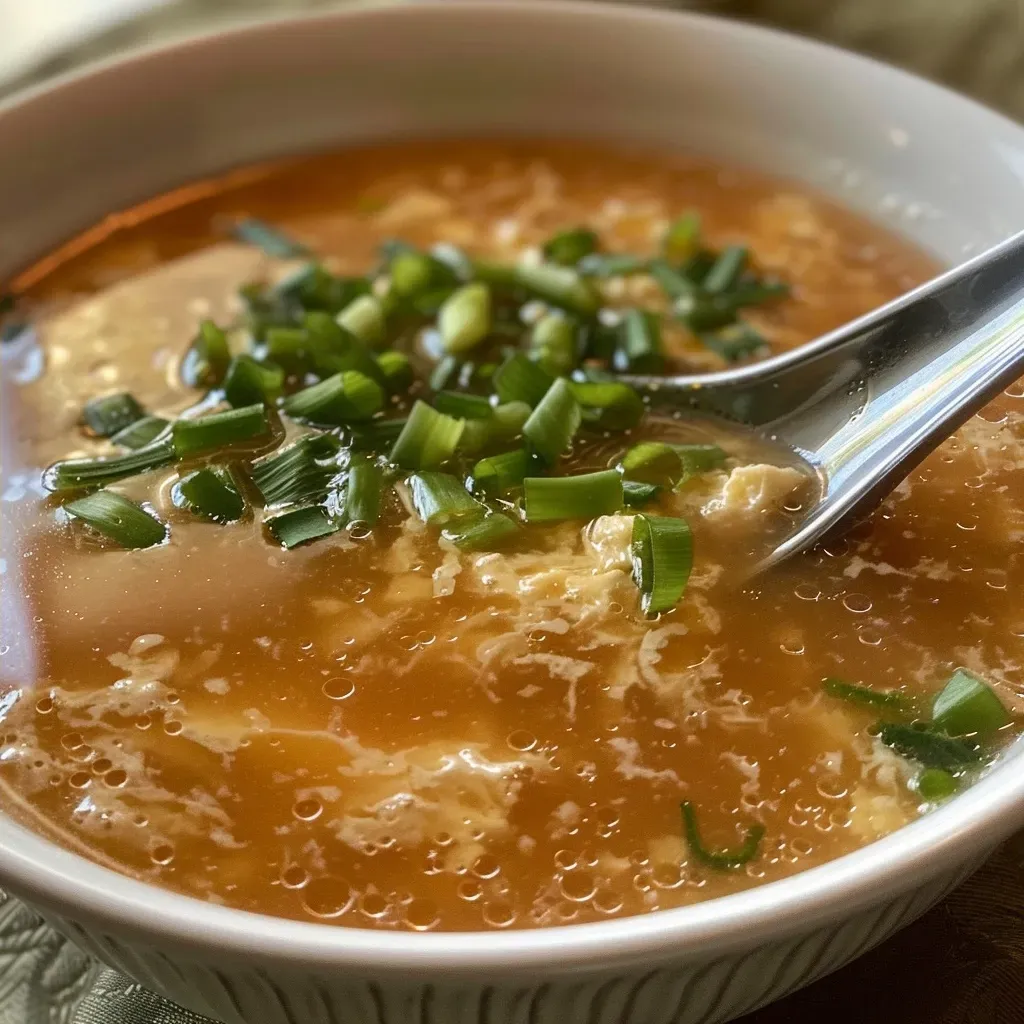 Close-up view of a bowl of Egg Drop Soup, featuring a golden broth with egg ribbons and sliced green onions.
