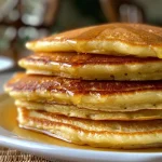['Close-up view of fluffy eggless pancakes stacked on a plate, drizzled with syrup.', 'Side view of golden-brown eggless pancakes topped with fresh fruit and syrup.', 'Juicy eggless pancakes displayed on a wooden table, showcasing their soft texture.', 'Appetizing shot of thick eggless pancakes, highlighting their fluffy layers and toppings.']