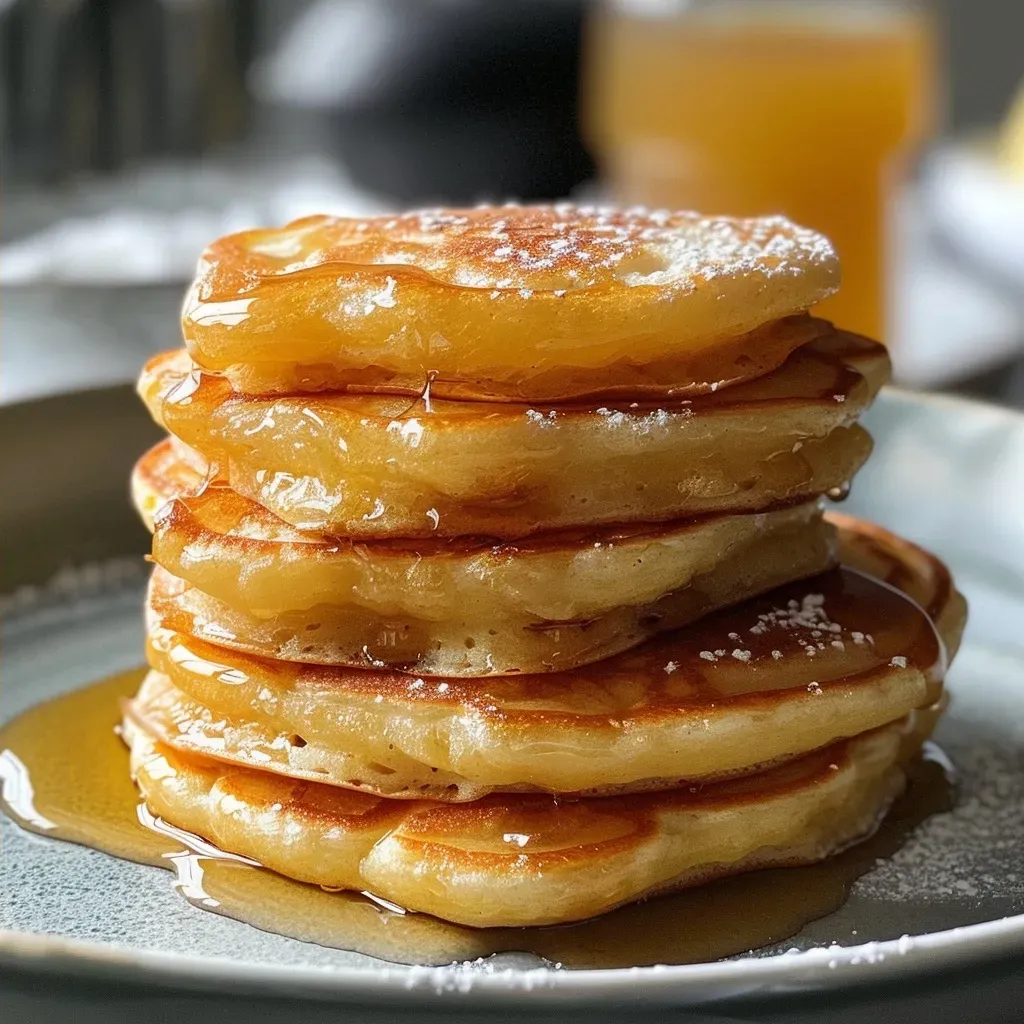 Close-up view of fluffy eggless pancakes stacked on a plate, drizzled with syrup.