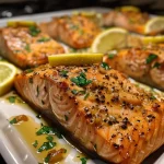 ['Close-up side view of baked salmon fillet topped with garlic butter and lemon slices.', 'Juicy Garlic Butter Baked Salmon garnished with parsley and lemon, photographed in detail.', 'Side angle of succulent salmon fillet shining with garlic butter, served with fresh lemon.', 'Deliciously golden-browned garlic butter salmon with a sprinkle of parsley and lemon wedges.']