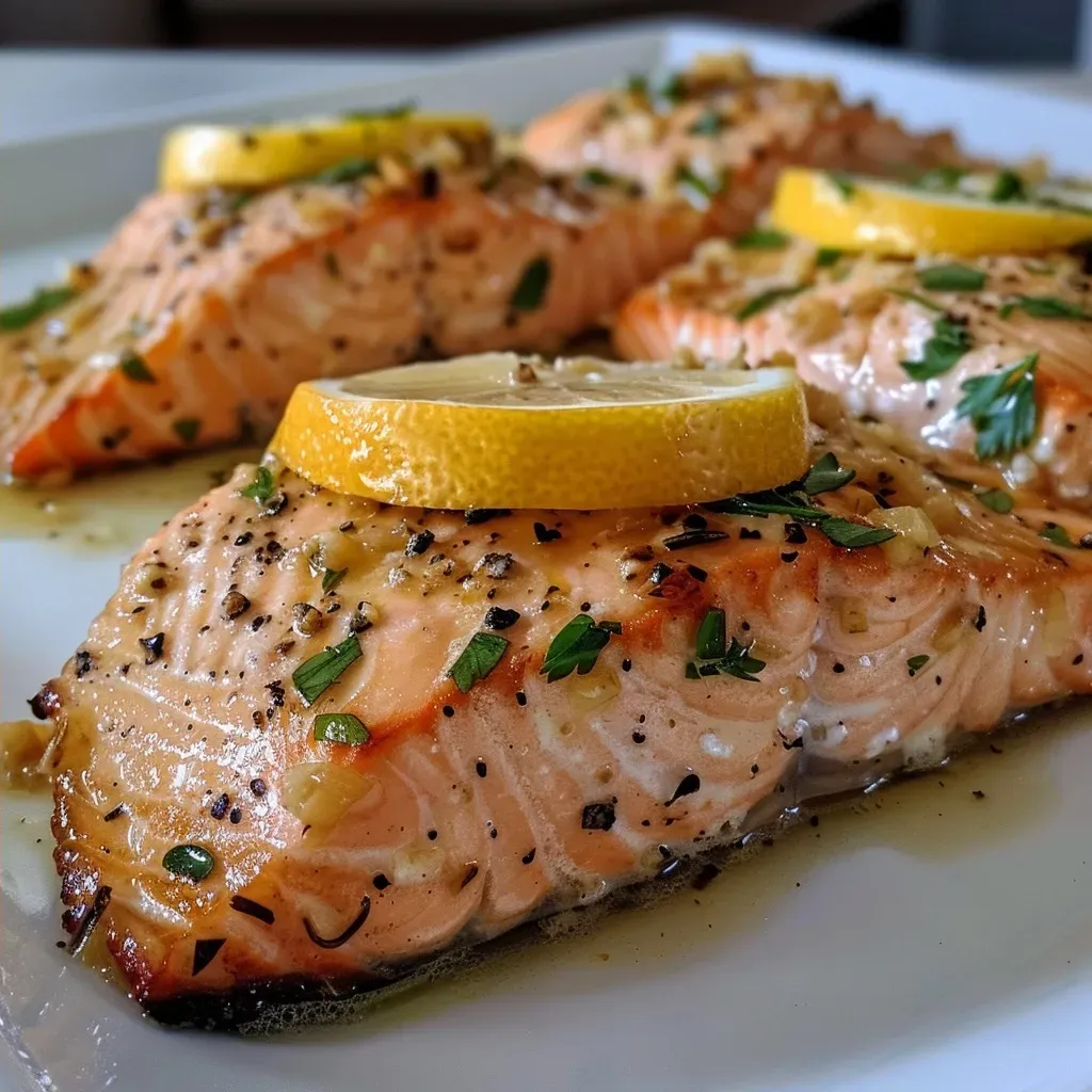 Close-up side view of baked salmon fillet topped with garlic butter and lemon slices.