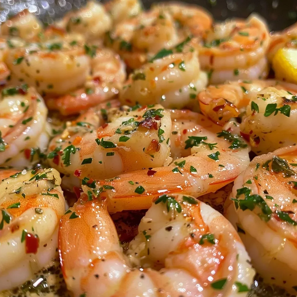 Close-up of juicy Garlic Butter Shrimp glistening with garlic and herbs.