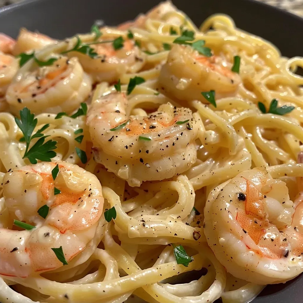 Close-up view of garlic shrimp pasta with vibrant cherry tomatoes and fresh parsley.