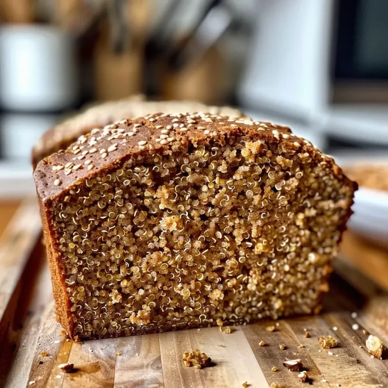 ['Close-up view of a slice of gluten-free quinoa bread showing its texture and crust.', 'Side view of gluten-free quinoa bread highlighting its moist interior and golden crust.', 'Juicy and delicious gluten-free quinoa bread displayed on a wooden board.', 'Textured quinoa bread slice with visible air pockets, emphasizing its freshness.']