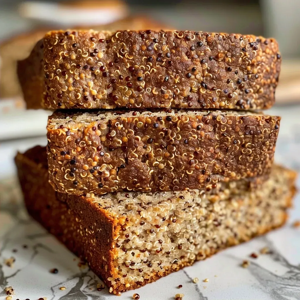Close-up view of a slice of gluten-free quinoa bread showing its texture and crust.