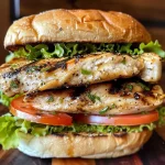 ['Close-up view of a grilled chicken sandwich with lettuce, tomato, and mayo on a toasted bun.', 'Side view of a juicy grilled chicken sandwich featuring fresh vegetables and a golden bun.', 'Detailed shot of a grilled chicken sandwich, showcasing ingredients like lettuce and tomato.', 'Vibrant grilled chicken sandwich with toppings, captured in a close-up from the side.']