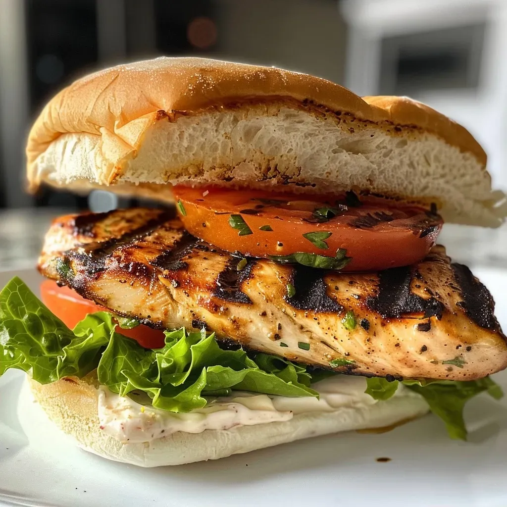 ['Close-up view of a grilled chicken sandwich with lettuce, tomato, and mayo on a toasted bun.', 'Side view of a juicy grilled chicken sandwich featuring fresh vegetables and a golden bun.', 'Detailed shot of a grilled chicken sandwich, showcasing ingredients like lettuce and tomato.', 'Vibrant grilled chicken sandwich with toppings, captured in a close-up from the side.']