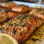 ['Close-up view of grilled salmon fillet drizzled with lemon juice.', 'Juicy salmon steak seasoned with herbs and lemon, presented on a rustic plate.', 'Side view of perfectly grilled salmon garnished with parsley and lemon slices.', 'A succulent piece of grilled lemon herb salmon with vibrant color and texture.']