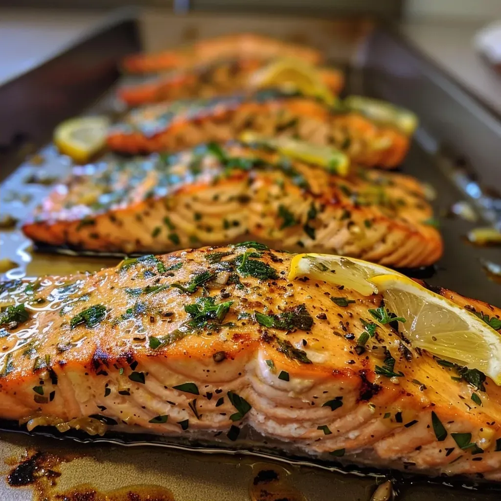Close-up view of grilled salmon fillet drizzled with lemon juice.
