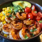 ['Close-up view of a grilled shrimp bowl featuring vibrant avocado corn salsa and colorful vegetables.', 'Side shot of a delicious grilled shrimp bowl with diced avocado, corn, and cherry tomatoes, served over rice.', 'A savory grilled shrimp bowl with fresh ingredients like corn and avocado, showcased from a side perspective.', 'Detailed image of a grilled shrimp bowl garnished with fresh salsa, highlighting the shrimp and vegetables.']