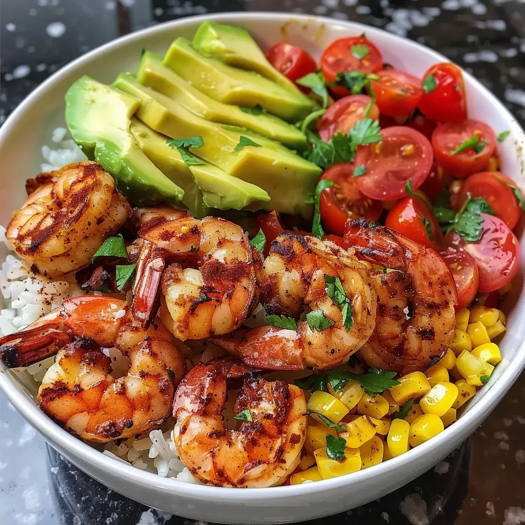['A vibrant Grilled Shrimp Bowl filled with shrimp, rice, avocado, and colorful vegetables.', 'Close-up view of a Grilled Shrimp Bowl showcasing juicy shrimp, fresh avocado slices, and beans.', 'A side perspective of a delicious Grilled Shrimp Bowl with grilled shrimp, rice, and lime wedges.', 'A succulent Grilled Shrimp Bowl featuring shrimp, rice, avocado, and corn in a colorful presentation.']
