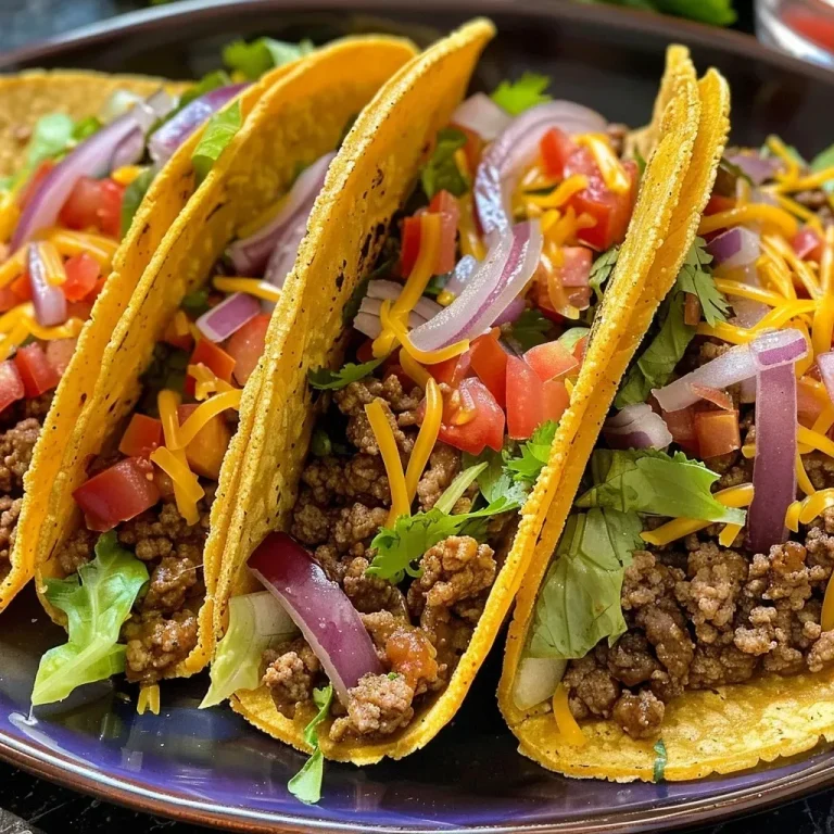 ['Close-up view of juicy ground beef tacos on a plate with toppings.', 'Side view of ground beef tacos filled with lettuce, cheese, and tomatoes.', 'Detailed shot of ground beef tacos showcasing vibrant ingredients.', 'Juicy ground beef tacos displayed with chopped onions and fresh lettuce.']