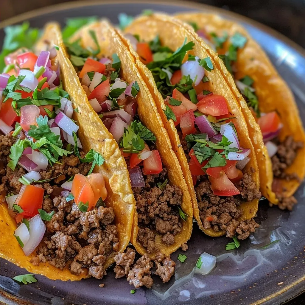 Close-up view of juicy ground beef tacos on a plate with toppings.